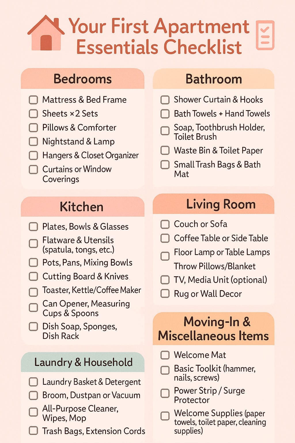 20 Overlooked First Apartment Essentials Checklist - Lovely Harbor