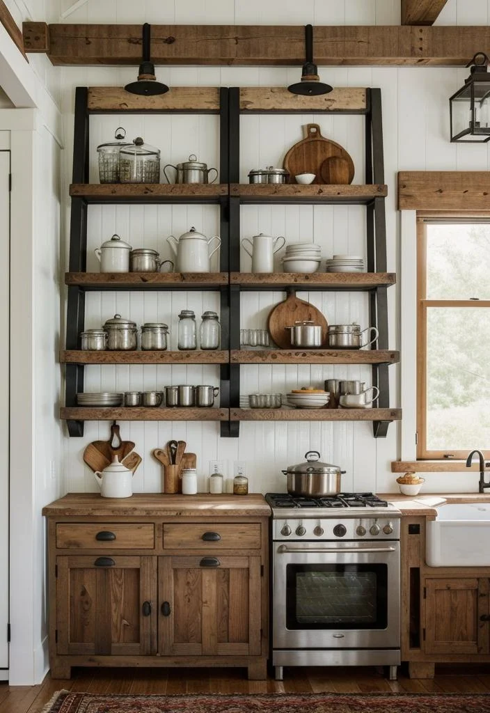 33 Modern Farmhouse Kitchen Ideas: Blending Rustic Charm with Contemporary Design 33 27. Antique Ladder Pot Racks-0
