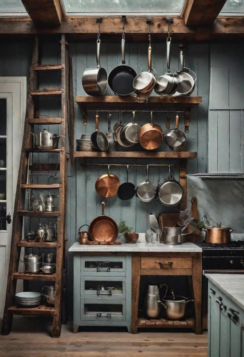 33 Modern Farmhouse Kitchen Ideas: Blending Rustic Charm with Contemporary Design 34 27. Antique Ladder Pot Racks-1