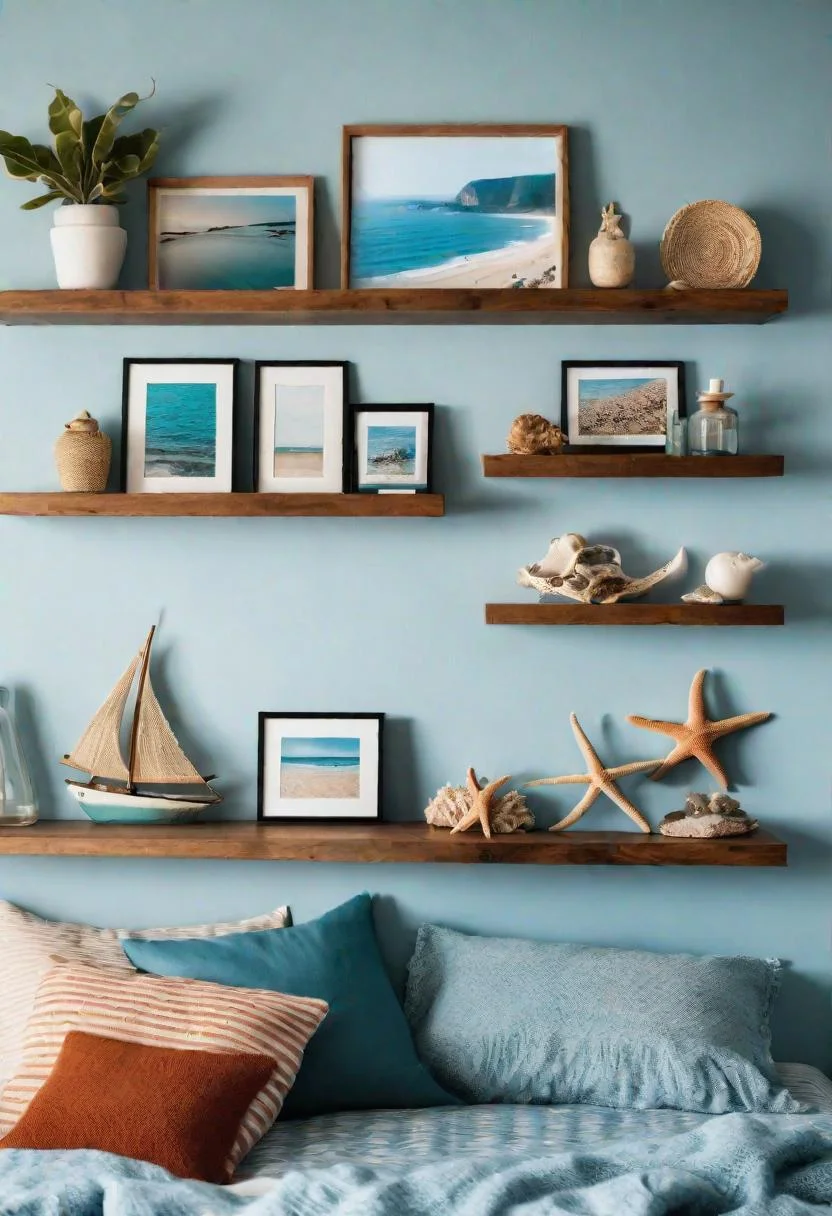 43 Relaxing Coastal Bedrooms for Breezy Retreats 33 32. Beach Memory Display on Shelves-0