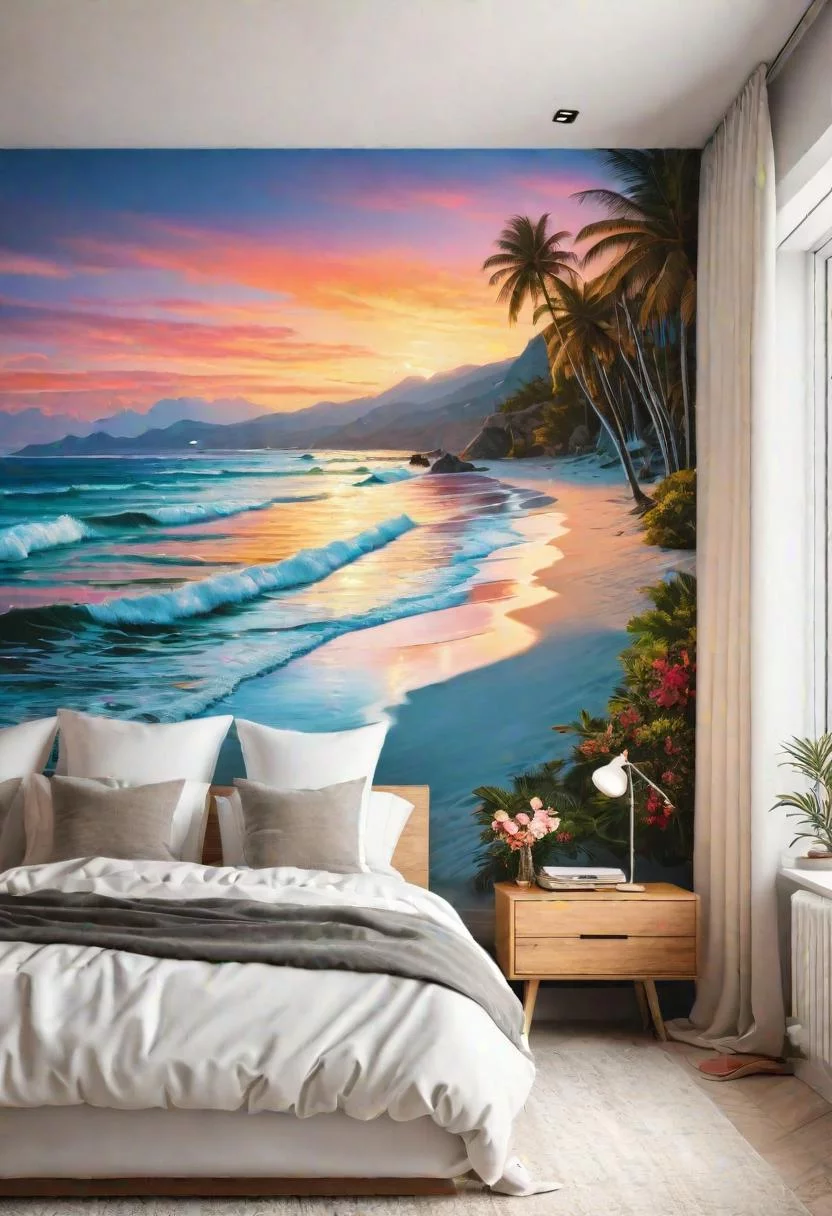 43 Relaxing Coastal Bedrooms for Breezy Retreats 17 16. Beach Sunset Accent Wall-0