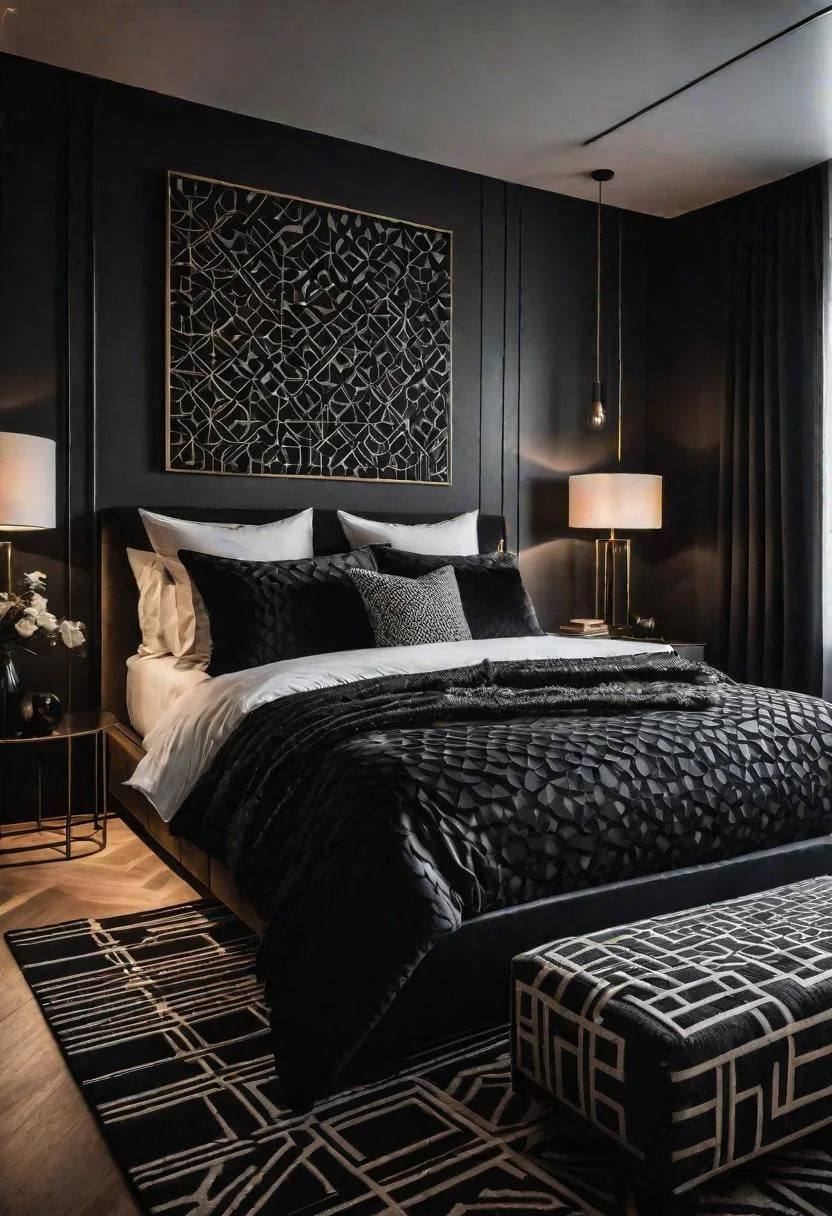 18 Bold Black Bedroom Ideas: Embrace Elegance 11 10. Black Geometric Bedroom Decor-0
