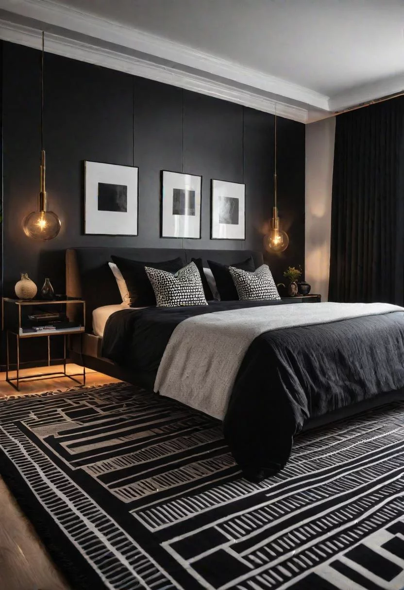 18 Bold Black Bedroom Ideas: Embrace Elegance 12 10. Black Geometric Bedroom Decor-1