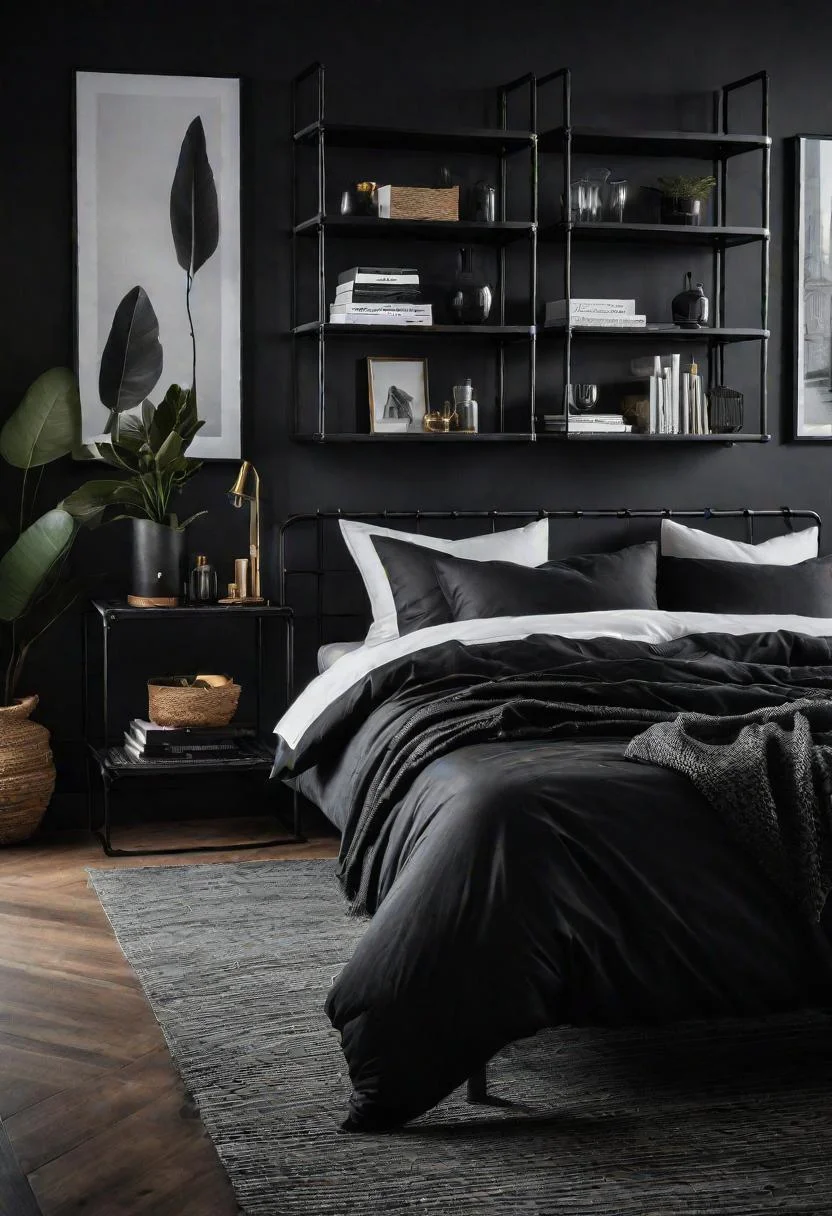 18 Bold Black Bedroom Ideas: Embrace Elegance 6 5. Black Metal Industrial Decor-0