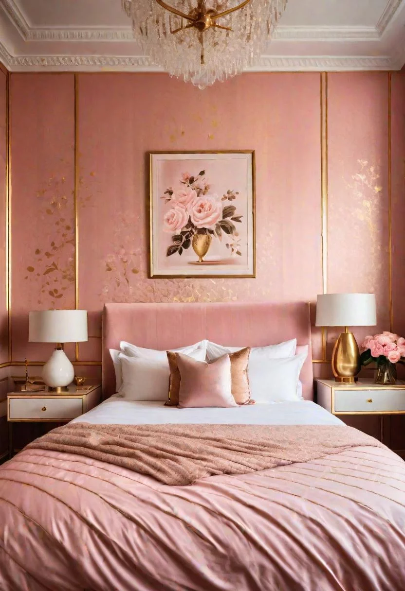 63 Luxurious Pink Bedrooms to Warm Up Your Space 47 46. Blush and Gold Wallpaper-0