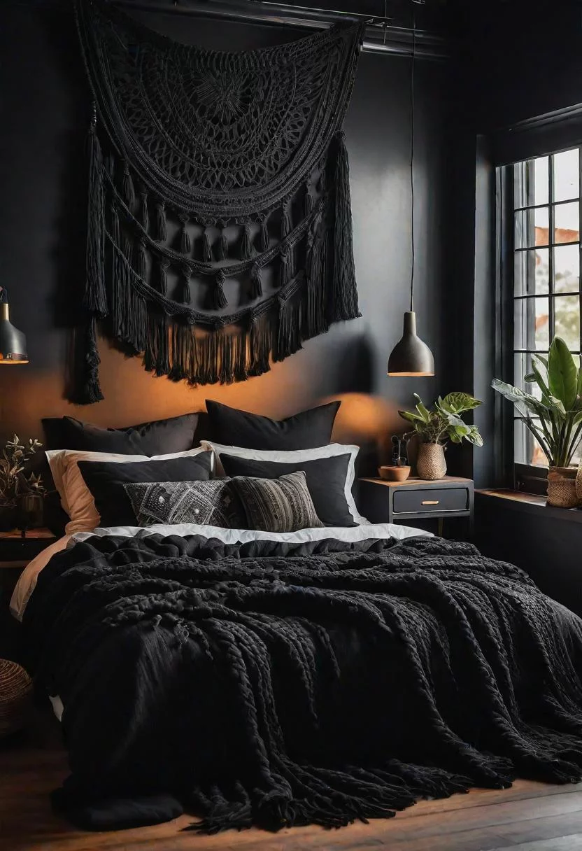 18 Bold Black Bedroom Ideas: Embrace Elegance 15 12. Boho Black Bedroom Retreat-1