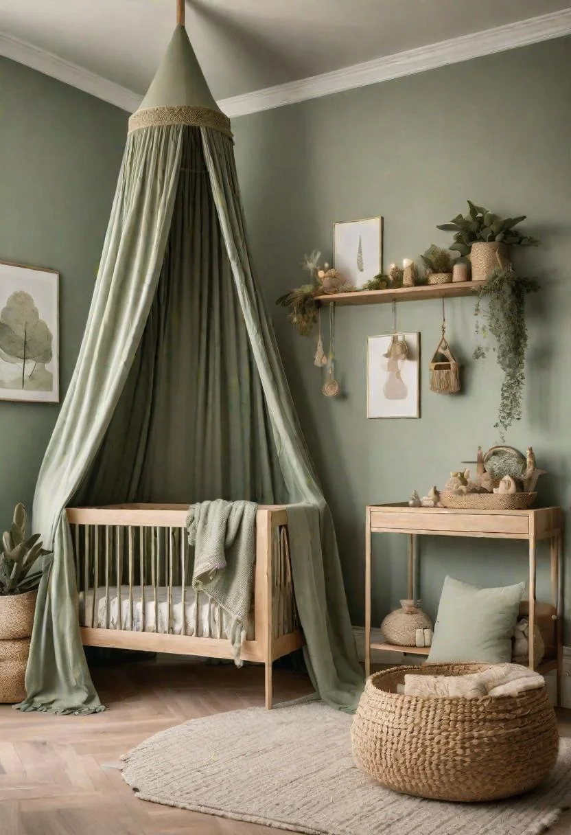 45 Serene Sage Green Nursery Ideas: Calming and Chic Inspirations 22 8. Boho Crib Canopy Styling-0
