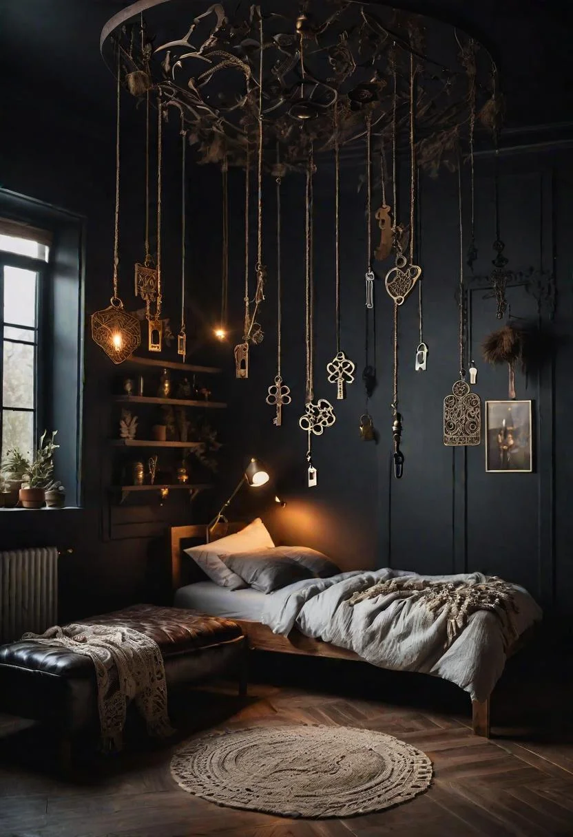 31 Dark Boho Bedroom Sanctuaries: Mystical Elegance & Cozy Vibes 27 12. Boho Key Mobile Arrangement-0