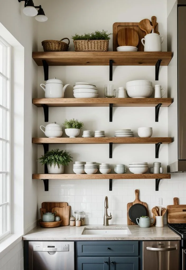33 Modern Farmhouse Kitchen Ideas: Blending Rustic Charm with Contemporary Design 18 15. Chic Pottery on Display-0