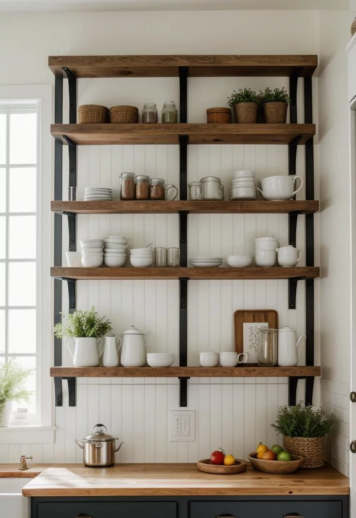 33 Modern Farmhouse Kitchen Ideas: Blending Rustic Charm with Contemporary Design 39 31. Chic Shelving for Decorative Dishes-0