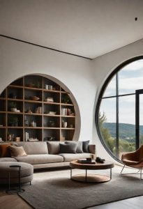 21 Elegant Built-In Shelves Ideas for the Living Room 1 16. Circular Window Shelving: Stylish Accent-1