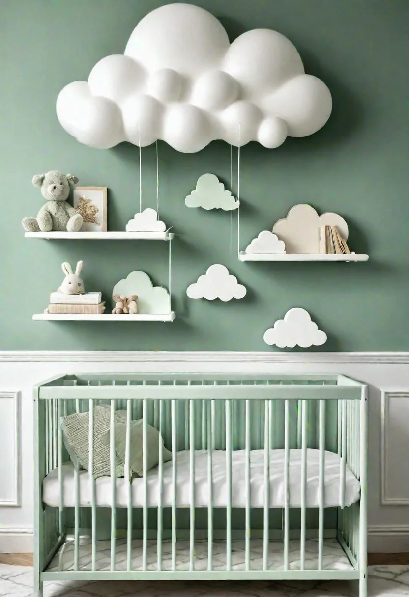 45 Serene Sage Green Nursery Ideas: Calming and Chic Inspirations 16 6. Cloud Shaped DIY Shelves-0