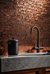 35 Stunning Kitchen Backsplash Ideas: Creative and Eye-Catching Designs 1 11. Copper Penny Tiles Inspiration-1