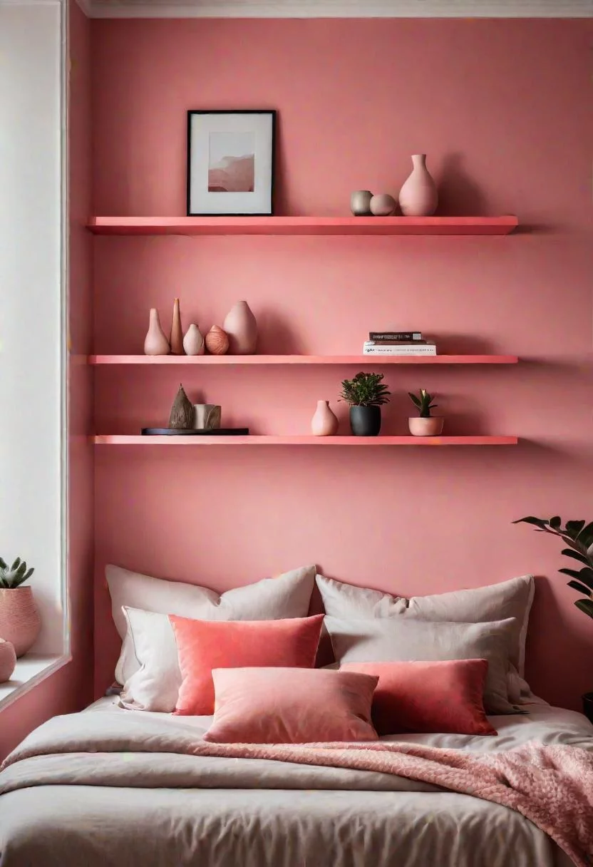 63 Luxurious Pink Bedrooms to Warm Up Your Space 13 12. Coral Pink Floating Shelves-0