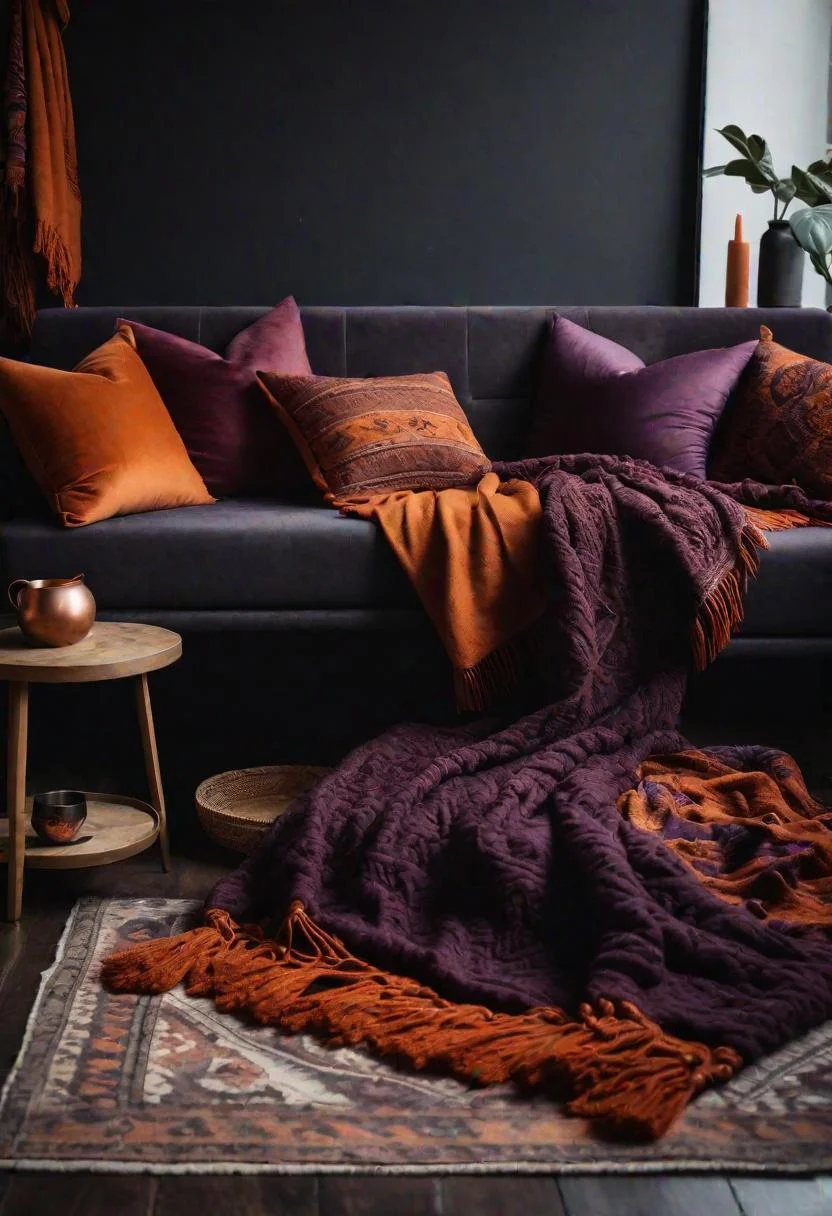 31 Dark Boho Bedroom Sanctuaries: Mystical Elegance & Cozy Vibes 29 14. Cozy Throw Blankets in Dark Boho-0