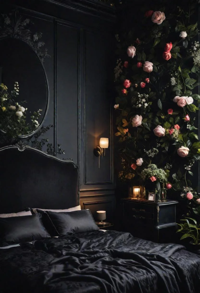18 Bold Black Bedroom Ideas: Embrace Elegance 7 6. Dark Botanical Wallpaper: Midnight Garden-0
