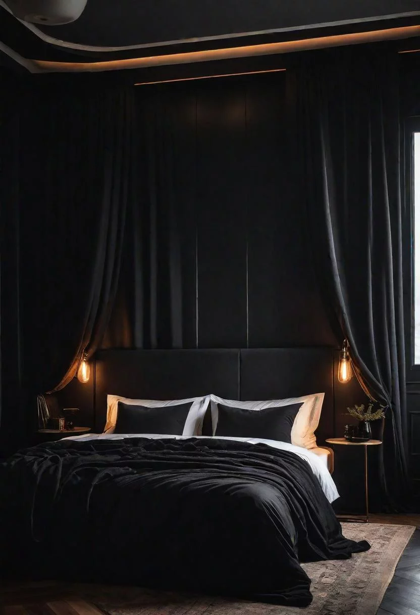 18 Bold Black Bedroom Ideas: Embrace Elegance 10 9. Dark Elegance: Blackout Curtains-0