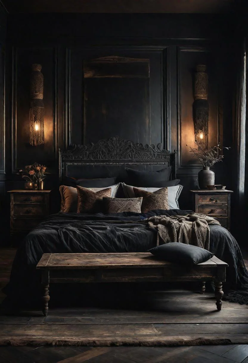 31 Dark Boho Bedroom Sanctuaries: Mystical Elegance & Cozy Vibes 14 6. Distressed Black Wood Furniture-0