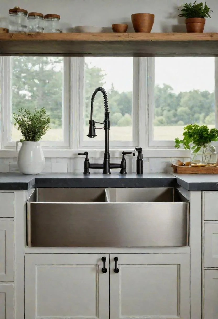 33 Modern Farmhouse Kitchen Ideas: Blending Rustic Charm with Contemporary Design 30 24. Double Apron-Front Sink Efficiency-0