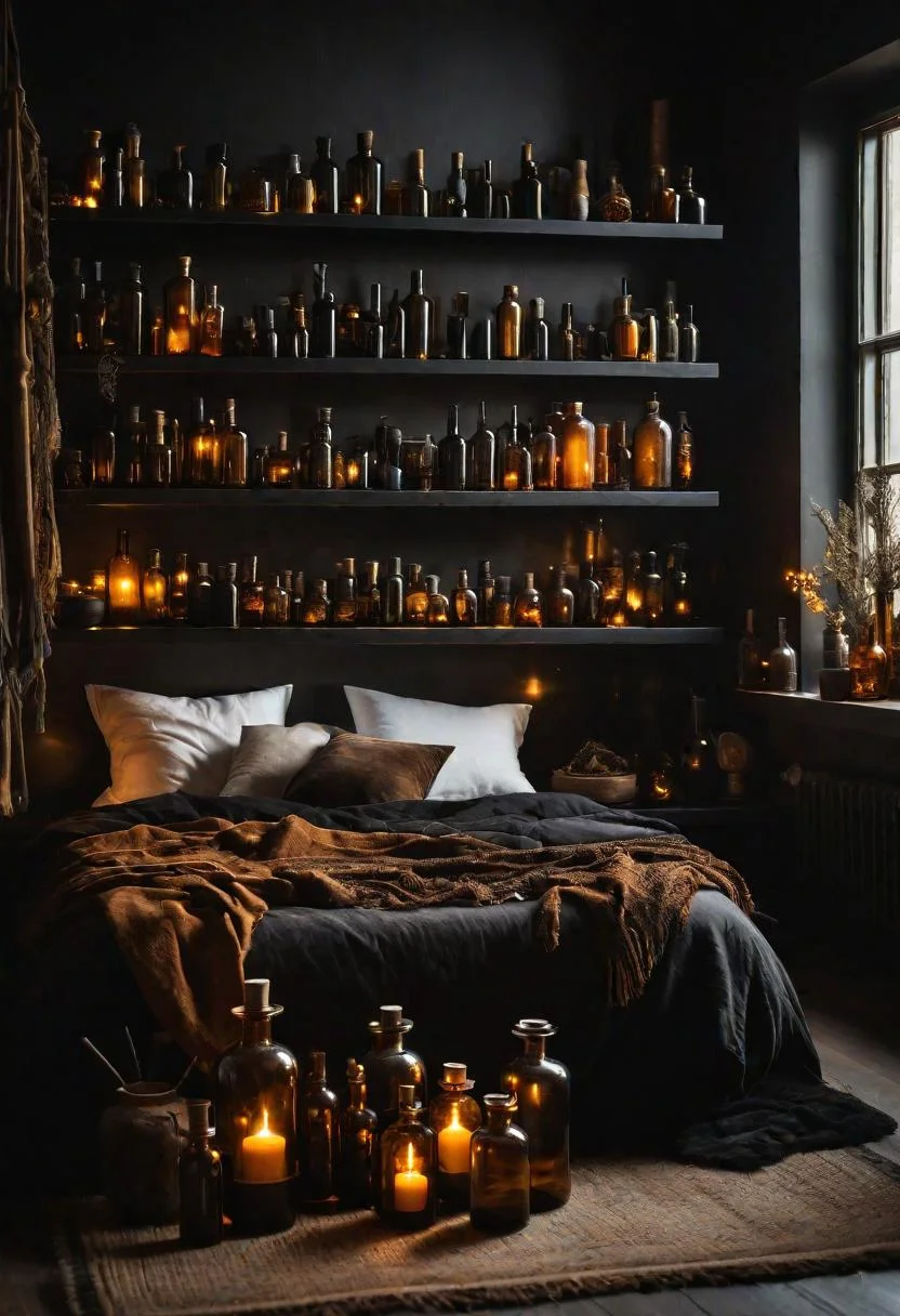 31 Dark Boho Bedroom Sanctuaries: Mystical Elegance & Cozy Vibes 32 17. Elegant Glass Bottle Collection-0