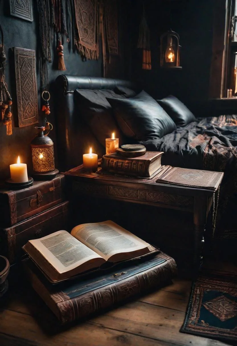 31 Dark Boho Bedroom Sanctuaries: Mystical Elegance & Cozy Vibes 45 30. Enchanting Spell Book Decor-0