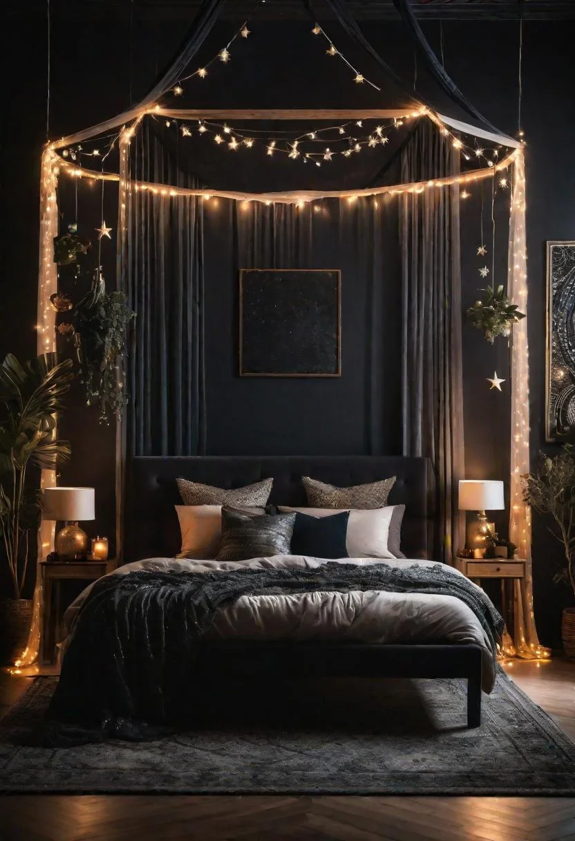 31 Dark Boho Bedroom Sanctuaries: Mystical Elegance & Cozy Vibes 22 9. Ethereal Black Canopy Decor-0