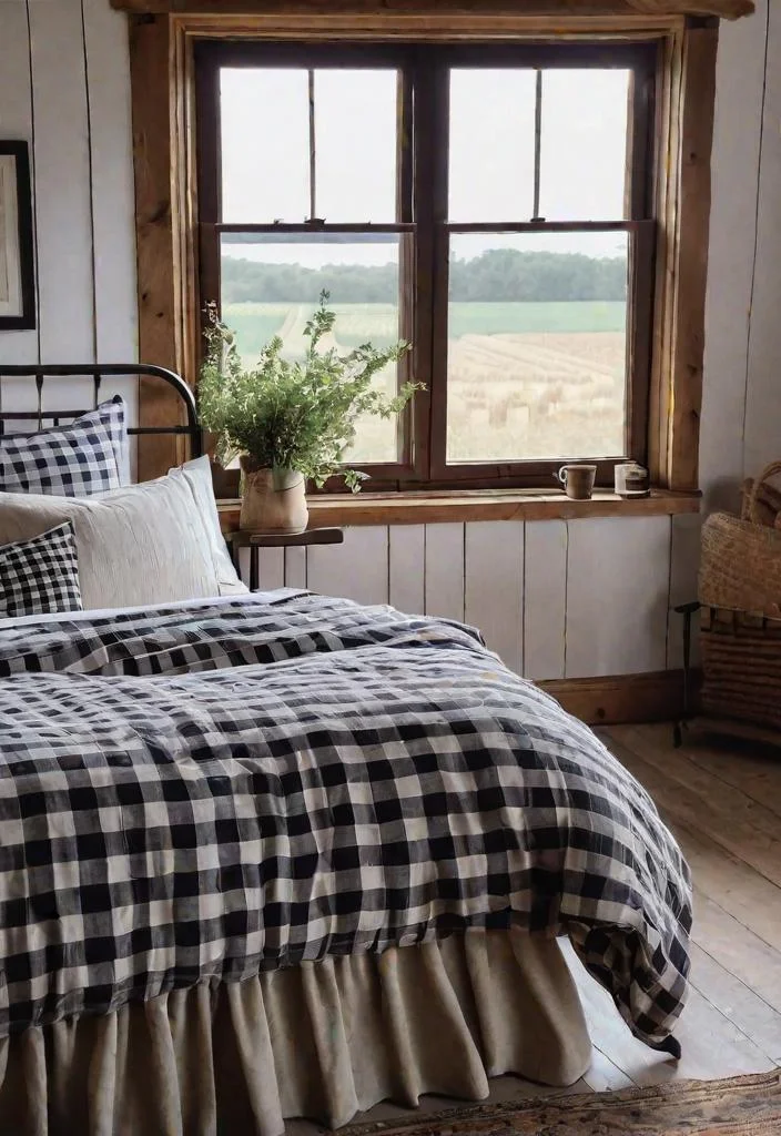 38 Genius Farmhouse Bedroom Ideas 27 26. Farmhouse Bedroom: Windowpane Check Bedding-0