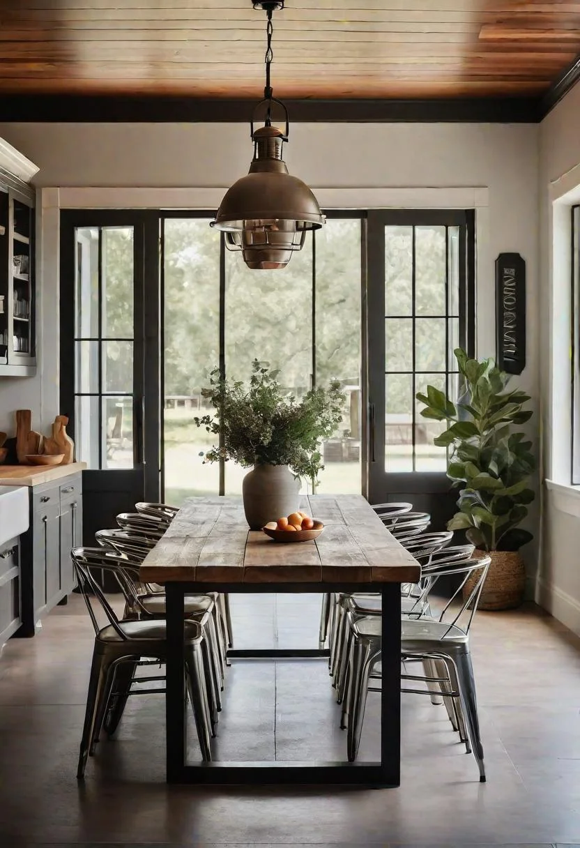 33 Modern Farmhouse Kitchen Ideas: Blending Rustic Charm with Contemporary Design 12 10. Farmhouse Table with Metal Chairs-0