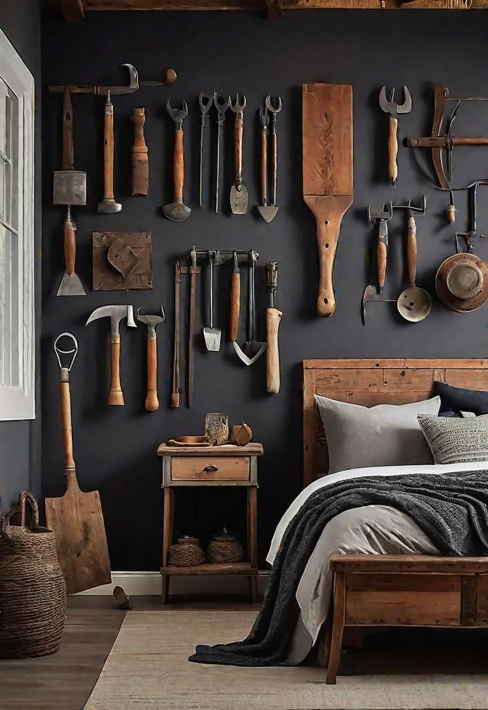 38 Genius Farmhouse Bedroom Ideas 21 20. Farmhouse tool wall decor-0