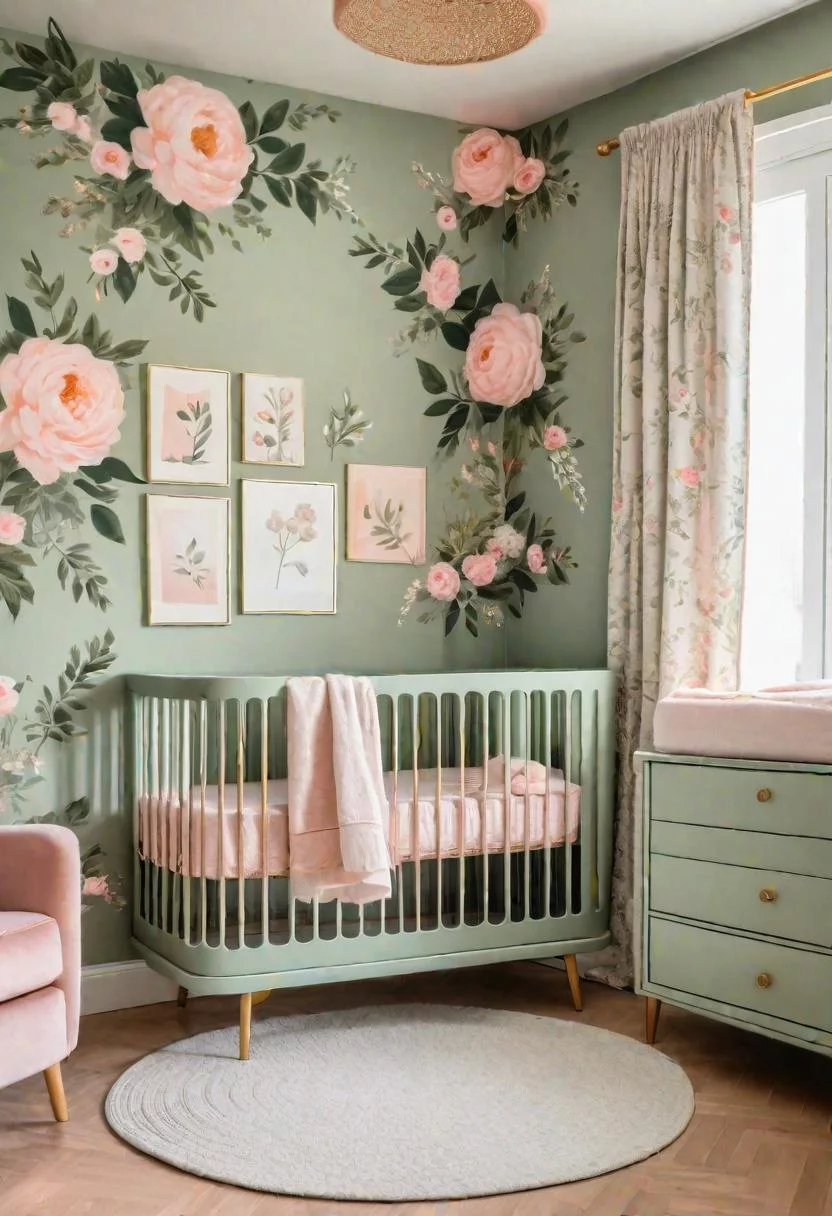 45 Serene Sage Green Nursery Ideas: Calming and Chic Inspirations 2 1. Floral Accent Wall Inspiration-0