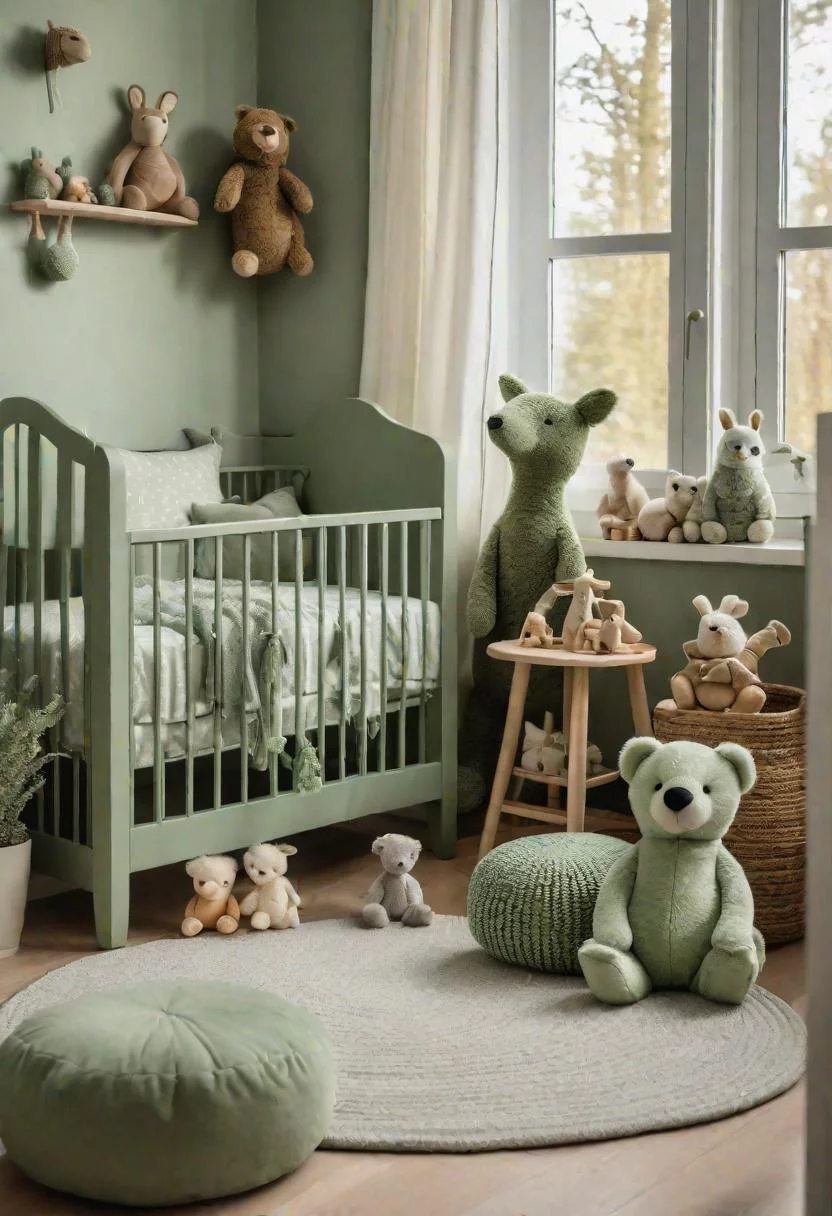 45 Serene Sage Green Nursery Ideas: Calming and Chic Inspirations 37 16. Forest Animal Plush Toys-1