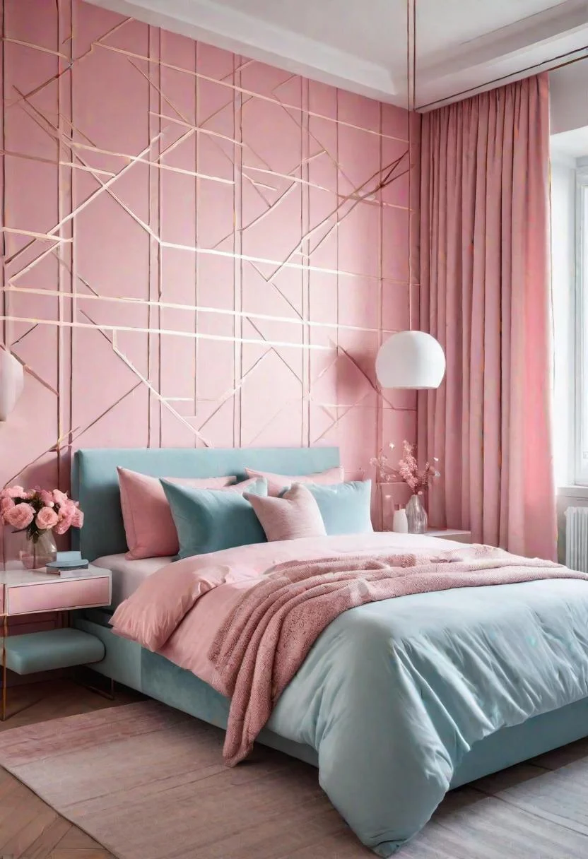 63 Luxurious Pink Bedrooms to Warm Up Your Space 65 63. Geometric Pink & Blue Prints-0