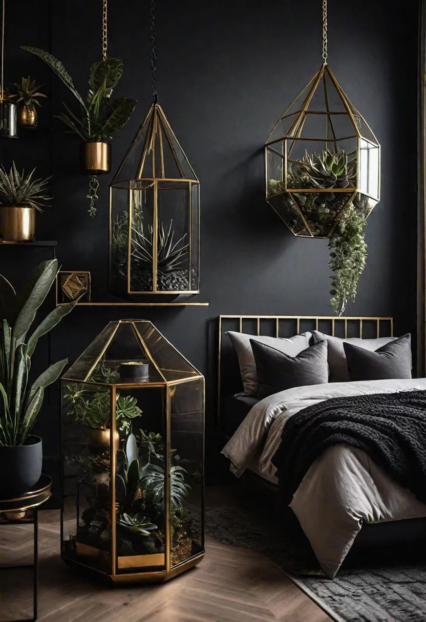 31 Dark Boho Bedroom Sanctuaries: Mystical Elegance & Cozy Vibes 26 11. Geometric Terrariums: Dark Boho Decor-0