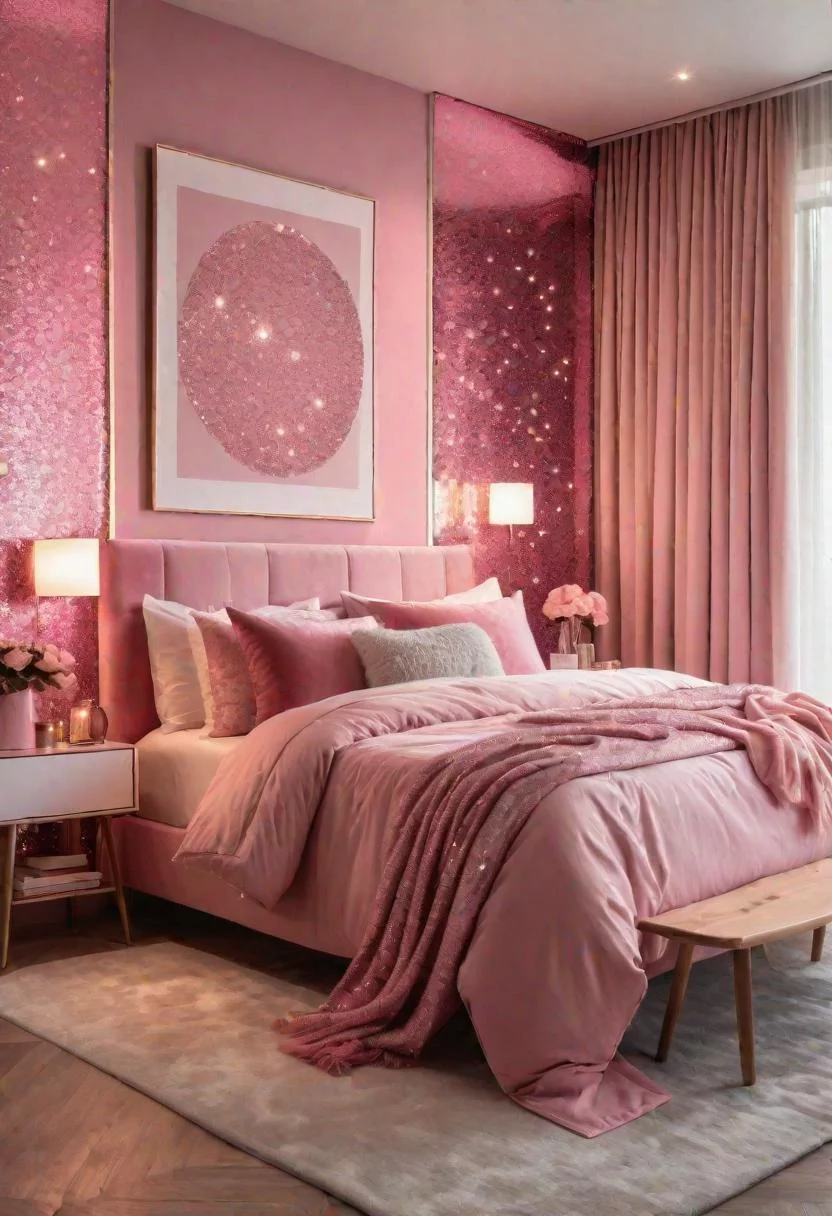 63 Luxurious Pink Bedrooms to Warm Up Your Space 15 14. Glittery Pink Wall Art-0