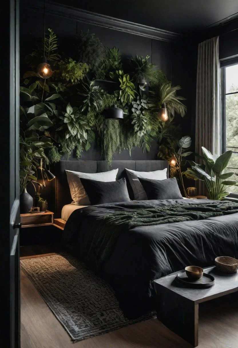 18 Bold Black Bedroom Ideas: Embrace Elegance 22 18. Greenery in Black Bedroom-0