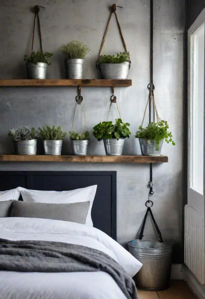 38 Genius Farmhouse Bedroom Ideas 6 5. Hanging storage with galvanized metal-0