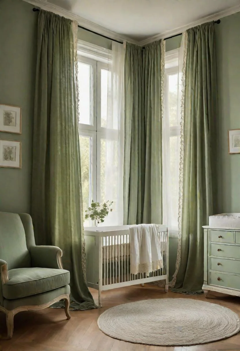 45 Serene Sage Green Nursery Ideas: Calming and Chic Inspirations 29 12. Lace-Trimmed Sage Curtains-0
