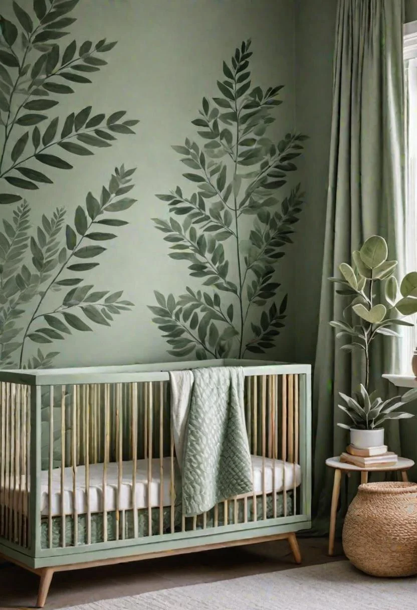 45 Serene Sage Green Nursery Ideas: Calming and Chic Inspirations 66 38. Leafy Green Nursery Wall Stencils-0
