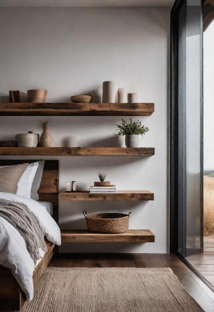38 Genius Farmhouse Bedroom Ideas 33 32. Minimalist Floating Wooden Shelves-0