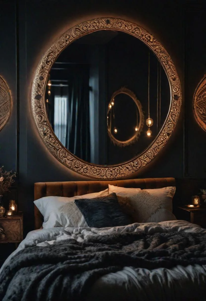 31 Dark Boho Bedroom Sanctuaries: Mystical Elegance & Cozy Vibes 2 1. Moon Phase Mirror Display Tutorial-0