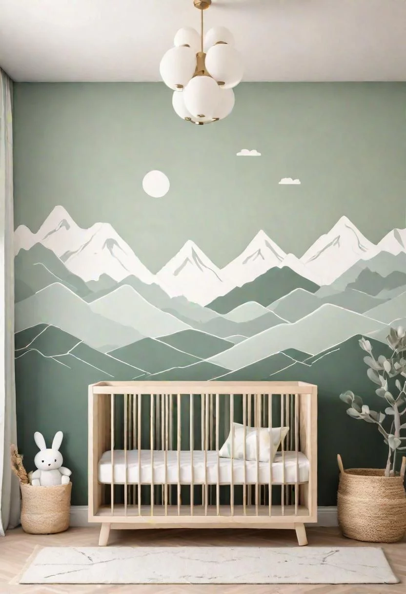 45 Serene Sage Green Nursery Ideas: Calming and Chic Inspirations 28 11. Mountain Mural Nursery Inspiration-0