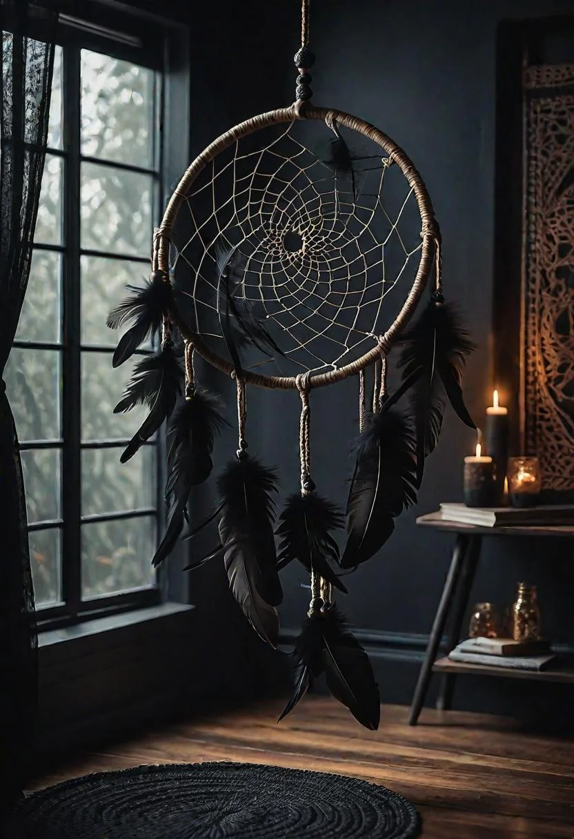 31 Dark Boho Bedroom Sanctuaries: Mystical Elegance & Cozy Vibes 30 15. Mystical Feather Dreamcatcher Decor-0