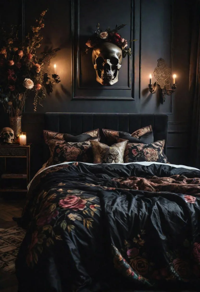 31 Dark Boho Bedroom Sanctuaries: Mystical Elegance & Cozy Vibes 9 4. Mystical Skull Bedding Trends-0