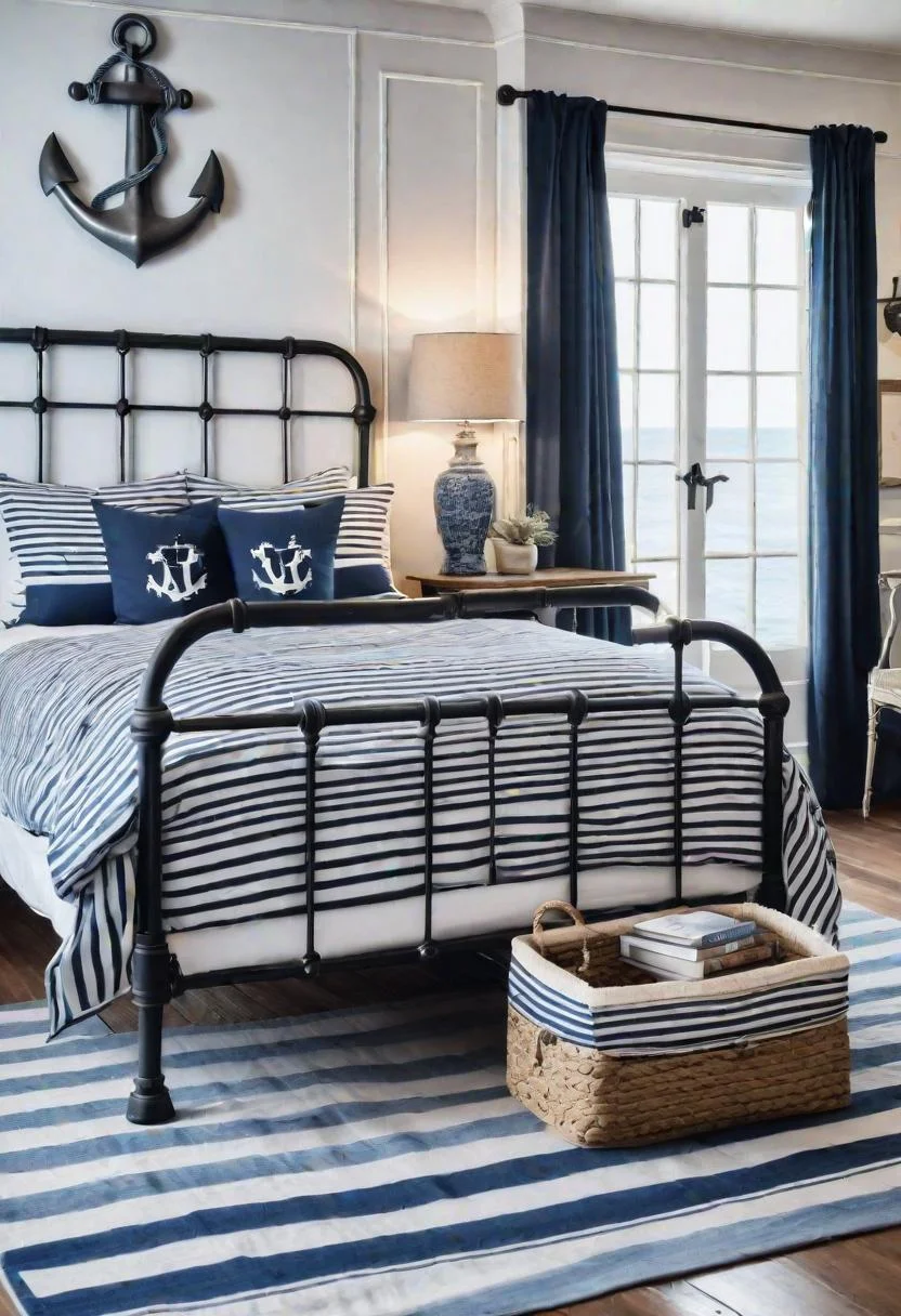 43 Relaxing Coastal Bedrooms for Breezy Retreats 3 2. Nautical Bedding on Vintage Frame-0