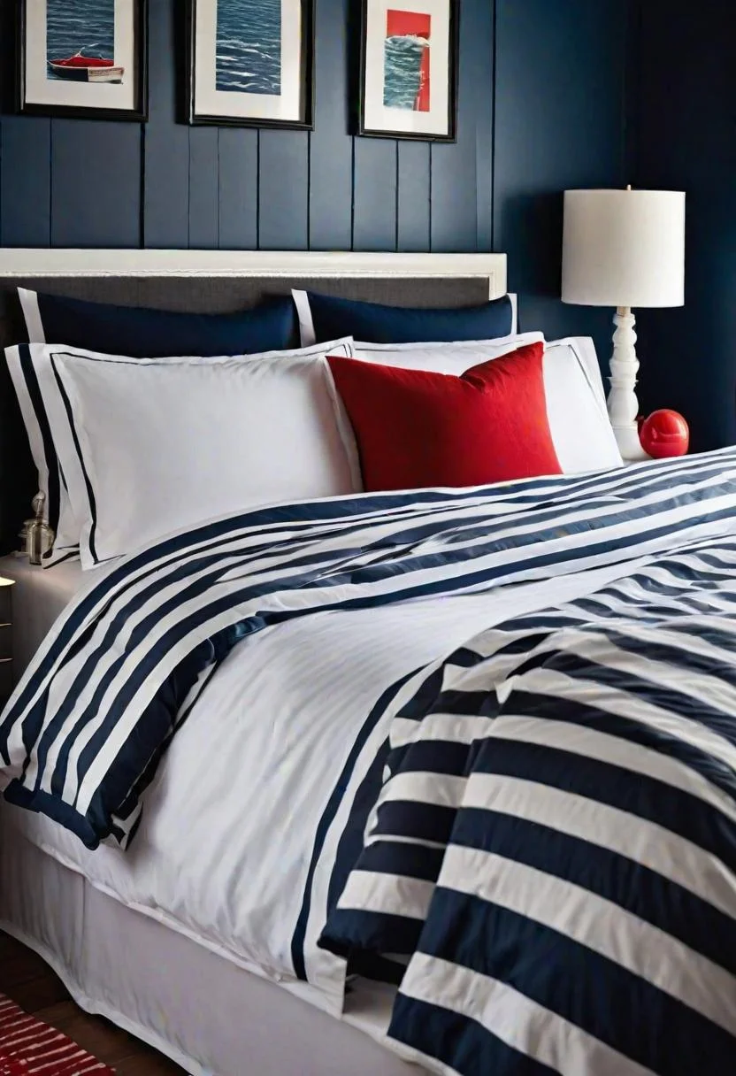 43 Relaxing Coastal Bedrooms for Breezy Retreats 25 24. Nautical Bedding with Red Accents-0