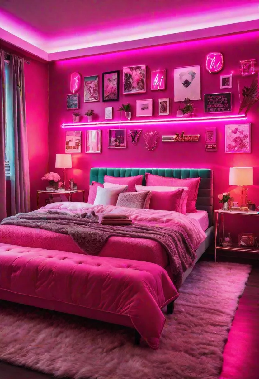 63 Luxurious Pink Bedrooms to Warm Up Your Space 17 16. Neon Pink Wall Décor-0