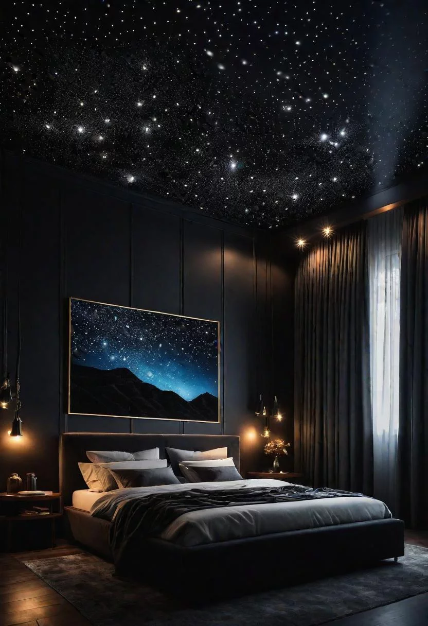 18 Bold Black Bedroom Ideas: Embrace Elegance 13 11. Night Sky Illusion with Black-0