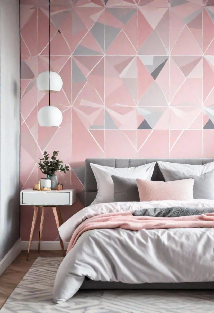63 Luxurious Pink Bedrooms to Warm Up Your Space 2 4. Pink Geometric Wallpaper-0