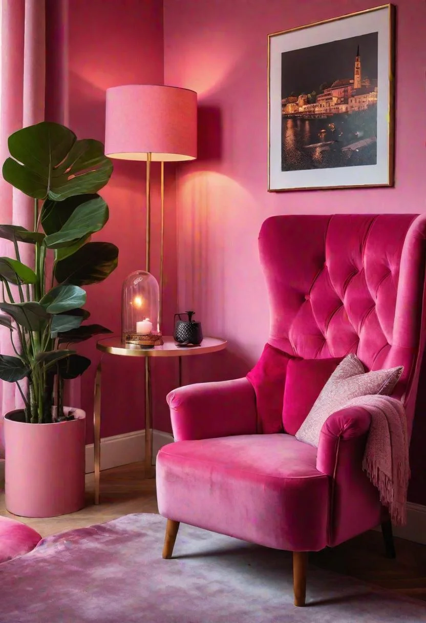 63 Luxurious Pink Bedrooms to Warm Up Your Space 5 3. Pink Velvet Armchair Corner-0
