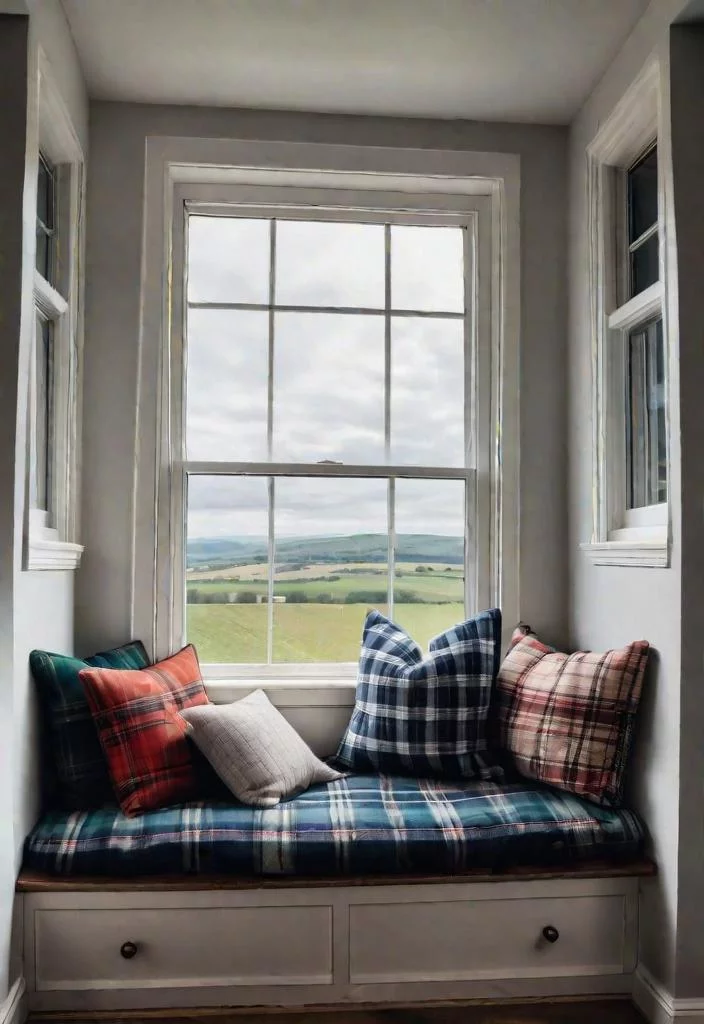38 Genius Farmhouse Bedroom Ideas 35 34. Plaid Window Seat Coziness-0